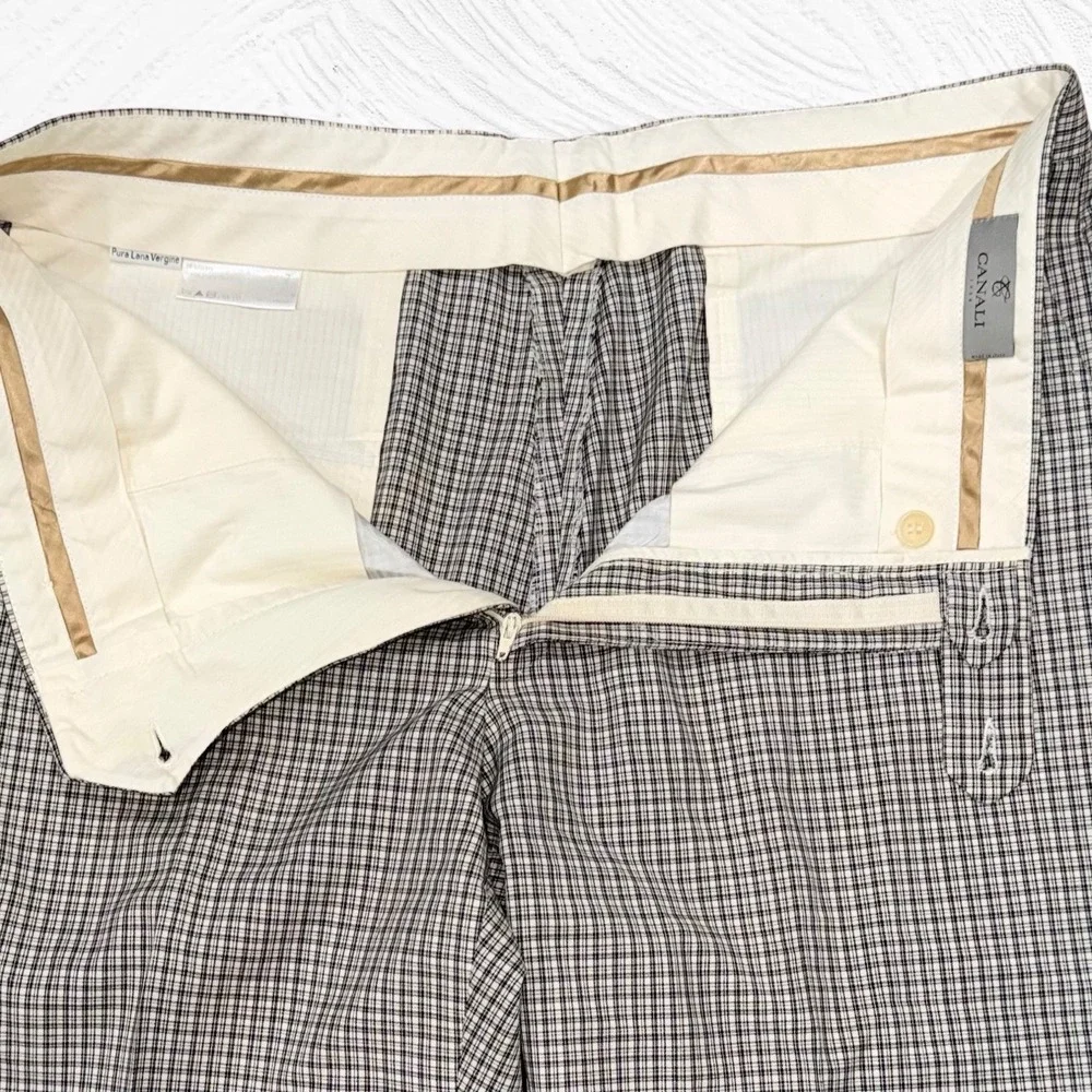Canali‎ Dress Pants Mens 35X31.5 Black Cream Plaid Wool Flat Front Italy Classic